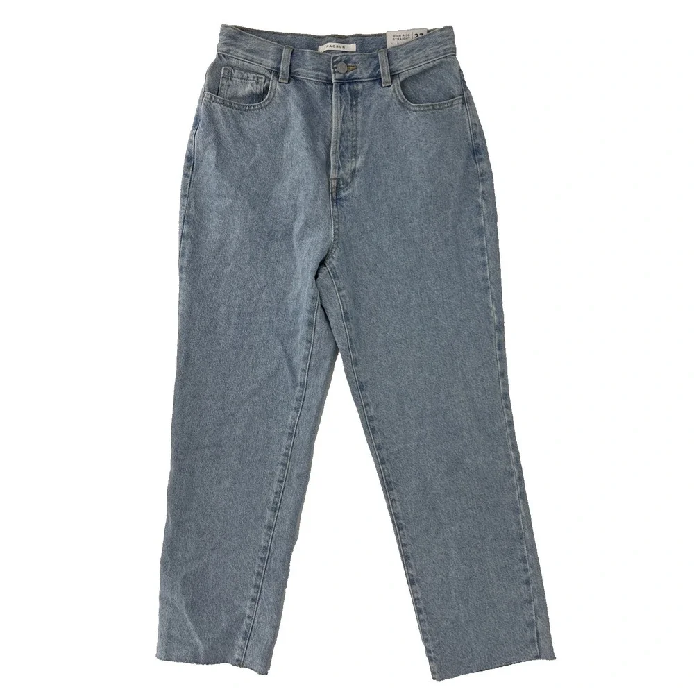 NWT PacSun Blue Straight Leg Button‎ Fly Jeans Size 27 High Rise Frayed Hem